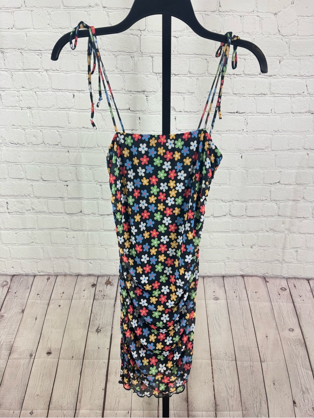 Bailey Rose Vintage Multicolor Daisy Floral Mesh Ruched Mini Dress Size Small